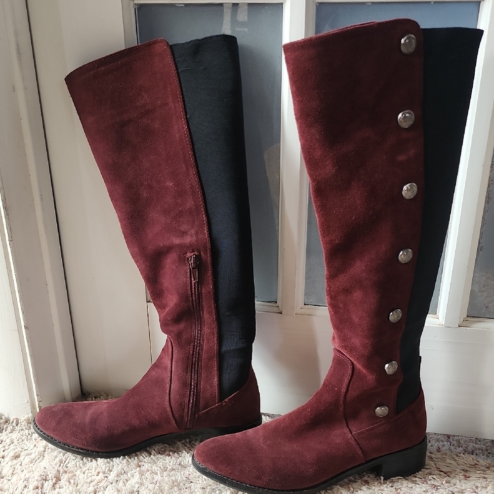 Elegant Burgundy and Black Knee-High Boots
